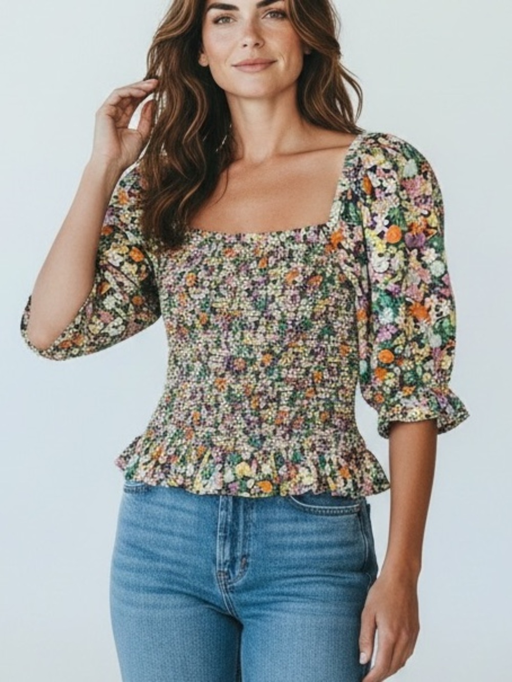 GAP Floral Smocked Puff-Sleeve Top - Green, Pink, Orange